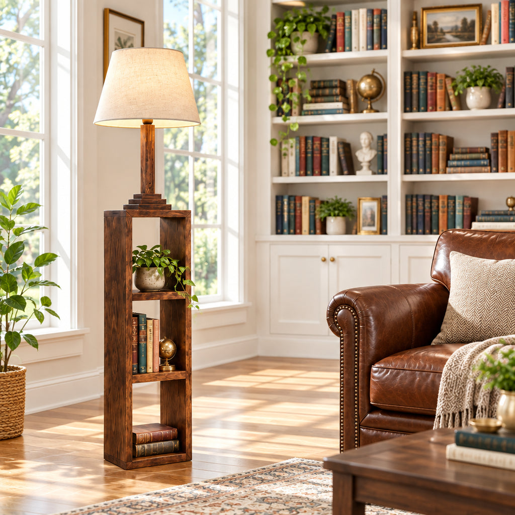 Rustic Pine Wood Floor Lamp with 3-Tier Storage Shelves-artycraftz.com
