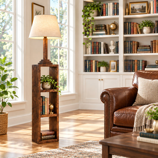 Rustic Pine Wood Floor Lamp with 3-Tier Storage Shelves-artycraftz.com