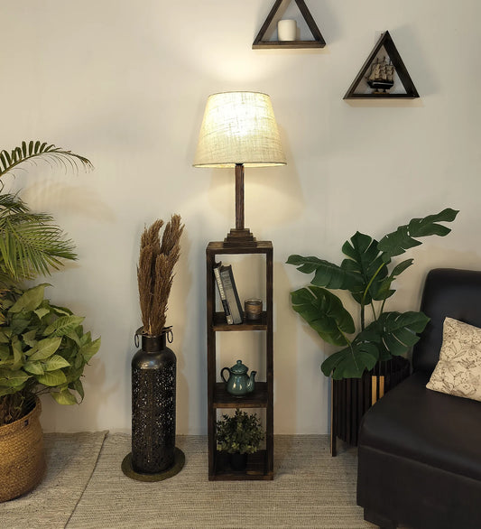 Ebenezer Wooden Floor Lamp with Brown Base and Beige Fabric Lampshade - ArtyCraftz.com