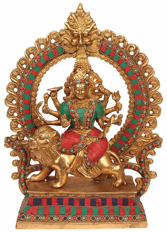 Eight Armed Goddess Durga Brass Figurine, Height : 14.5 inches - ArtyCraftz.com