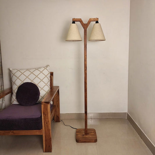 Elania Wooden Floor Lamp with Brown Base and Beige Fabric Lampshade - ArtyCraftz.com