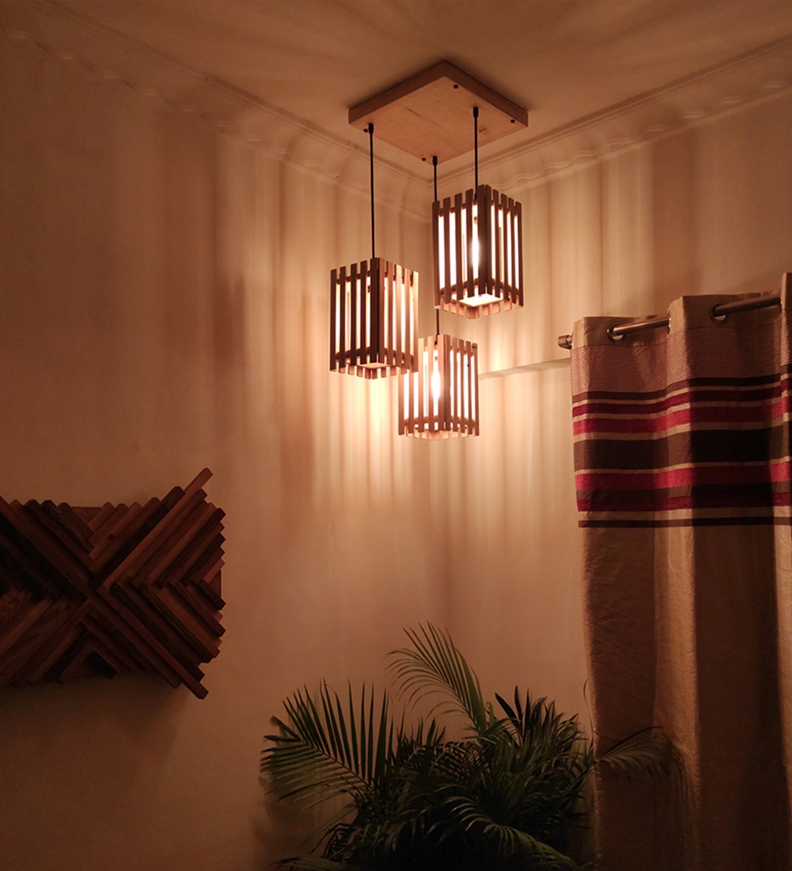 Elegant Beige Wooden Cluster Hanging Lamp-ArtyCraftz.com