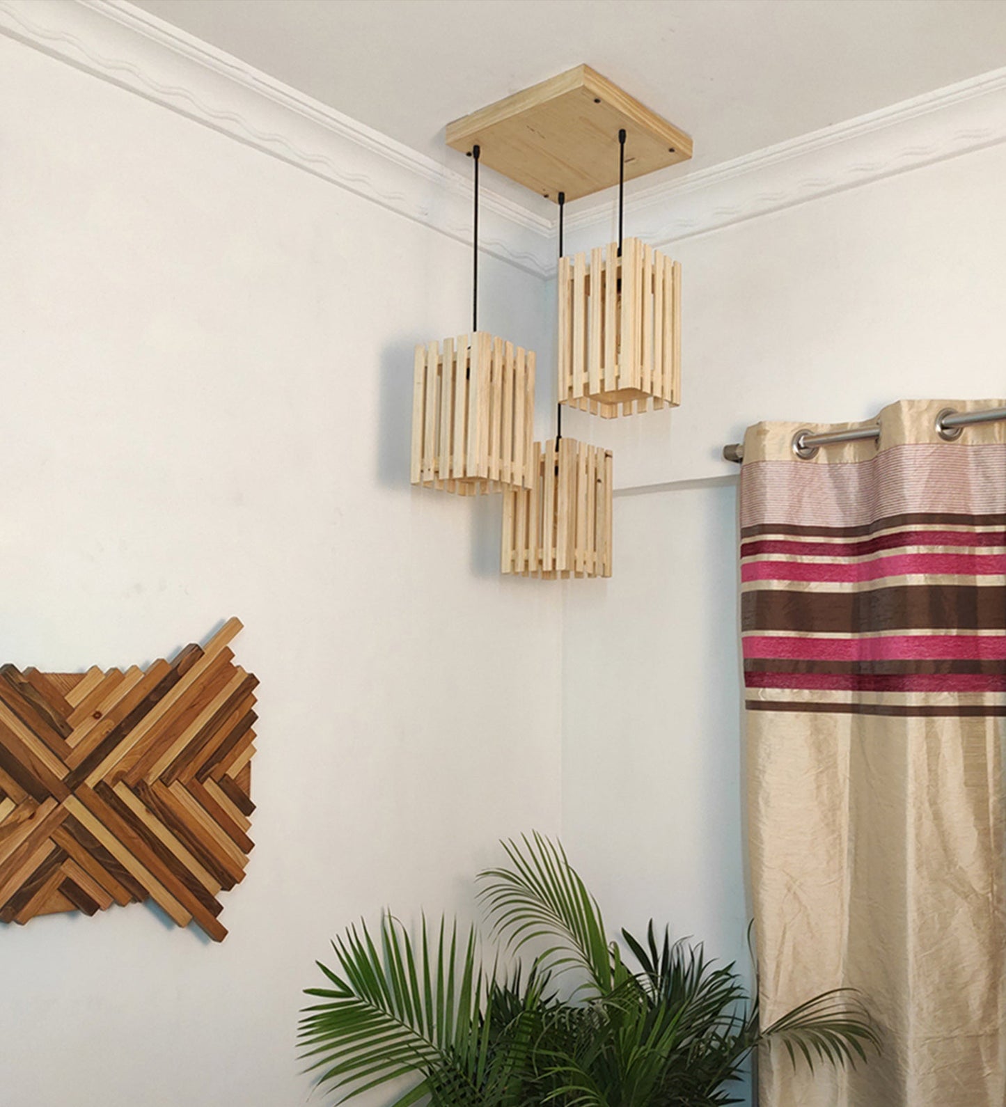 Elegant Beige Wooden Cluster Hanging Lamp-ArtyCraftz.com