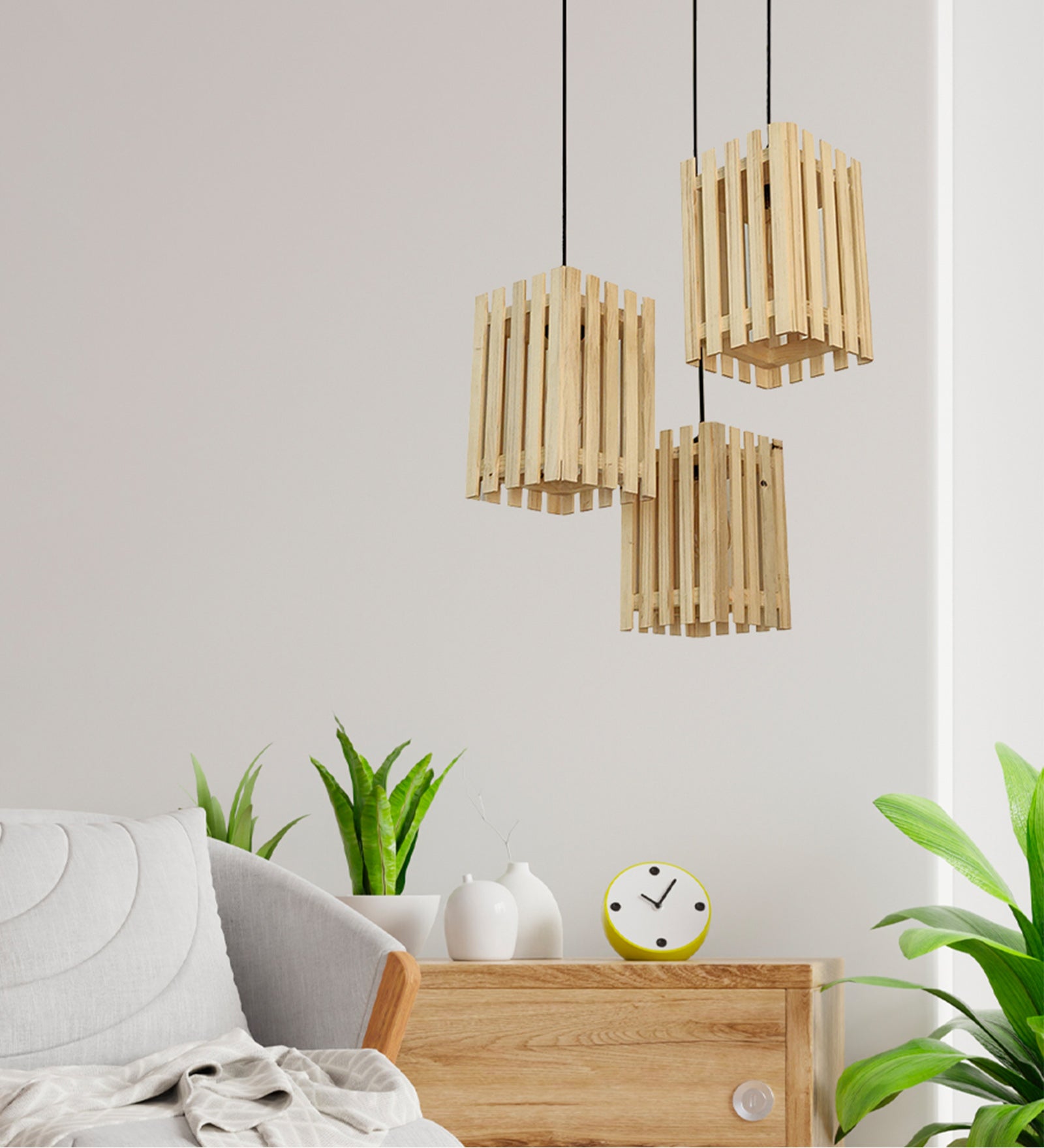 Elegant Beige Wooden Cluster Hanging Lamp-ArtyCraftz.com