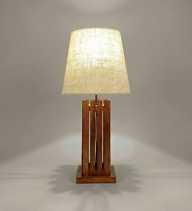 Rustic Slatted Wooden Table Lamp with Linen Drum Shade-artycraftz.com