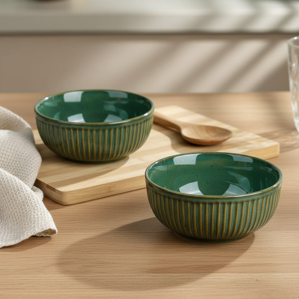Elegant Green Ribbed Ceramic Bowls-ArtyCraftz.com