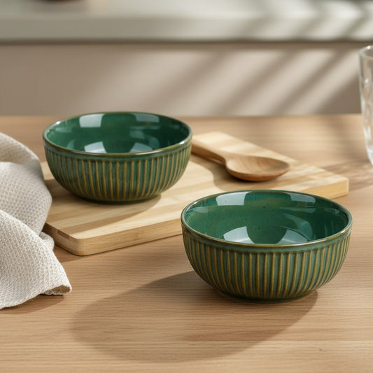 Elegant Green Ribbed Ceramic Bowls-ArtyCraftz.com