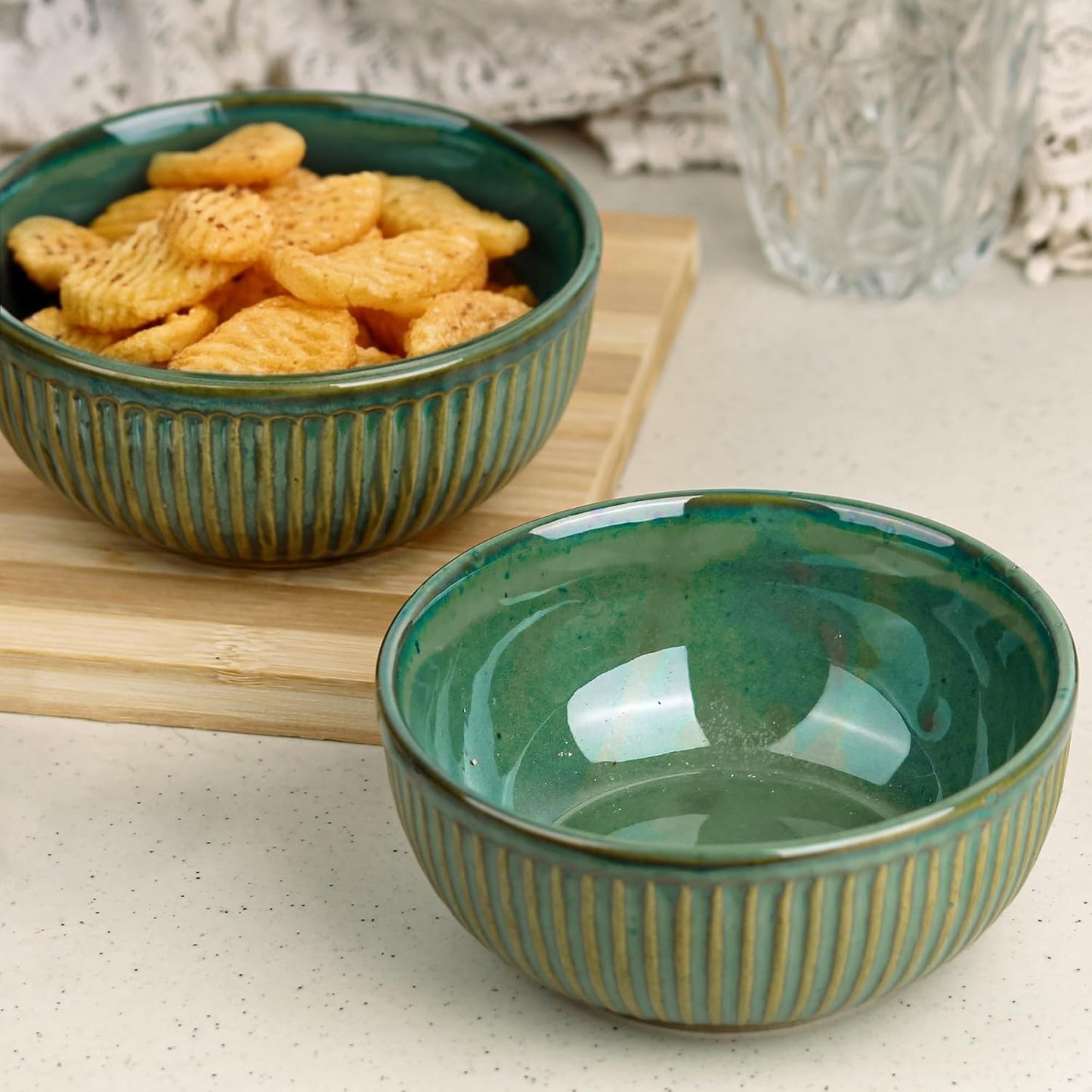Elegant Green Ribbed Ceramic Bowls-ArtyCraftz.com