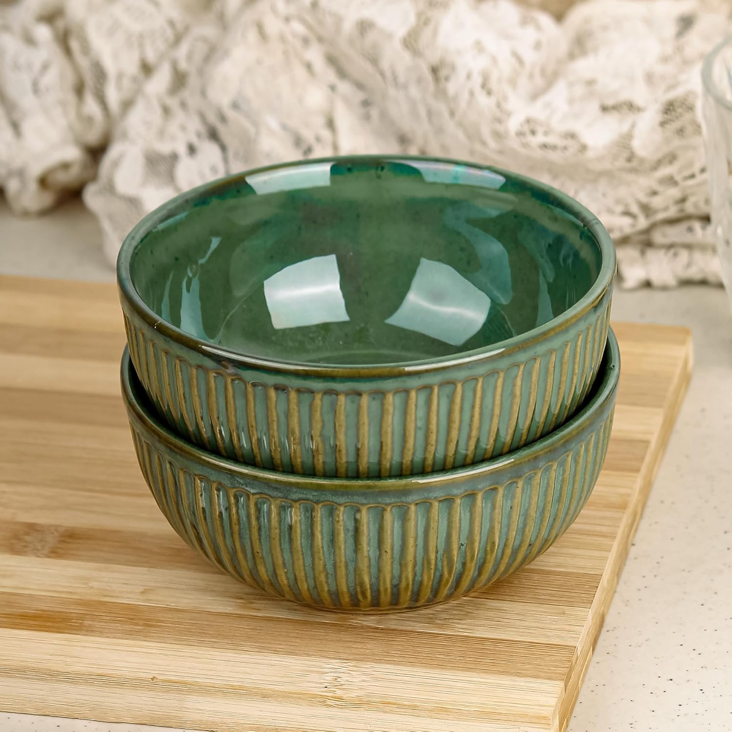 Elegant Green Ribbed Ceramic Bowls-ArtyCraftz.com