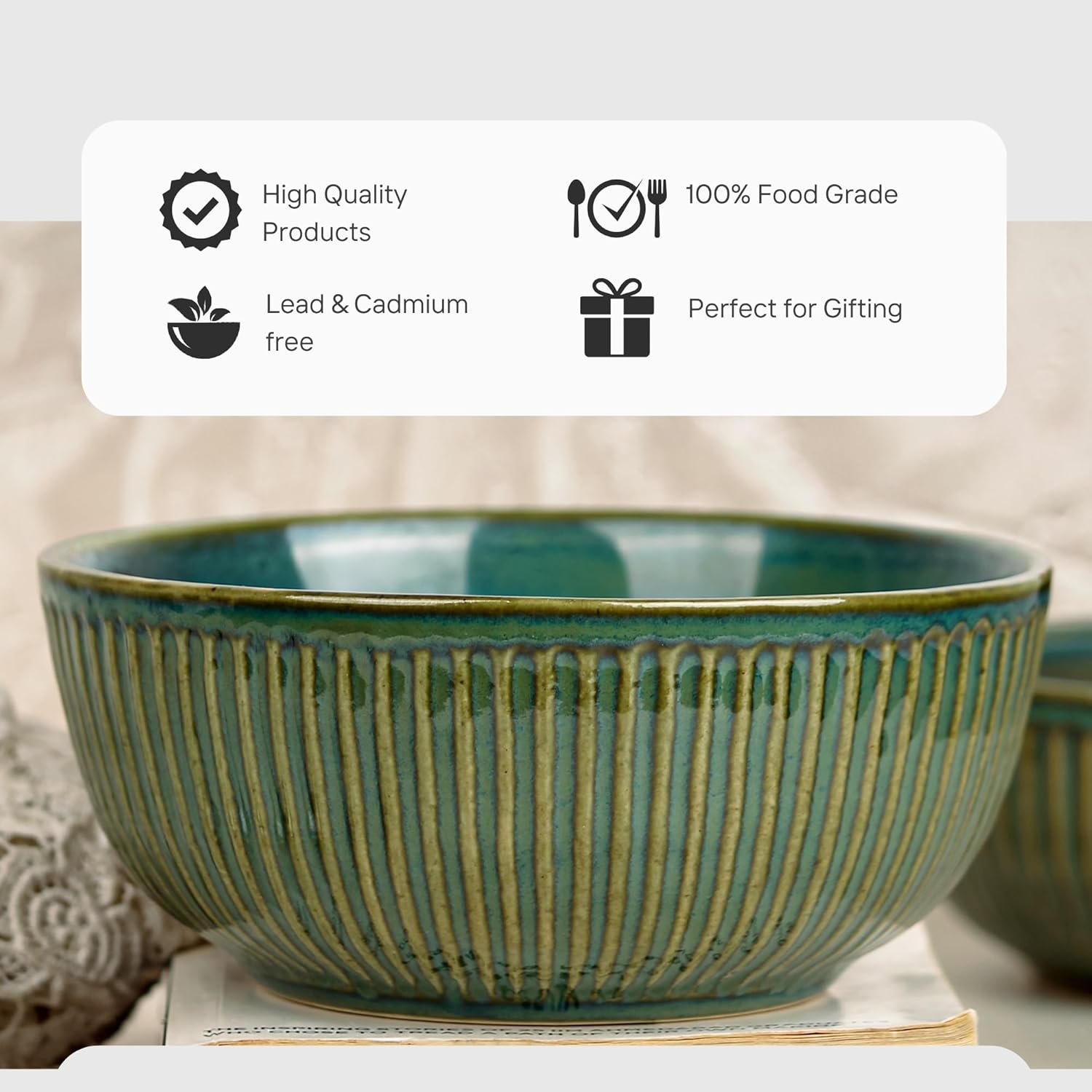 Elegant Green Ribbed Ceramic Bowls-ArtyCraftz.com