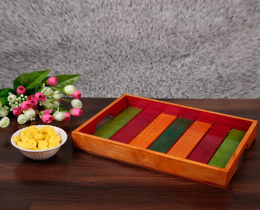 Elegant Multicolour Wooden Serving Tray In Steam Beach Wood