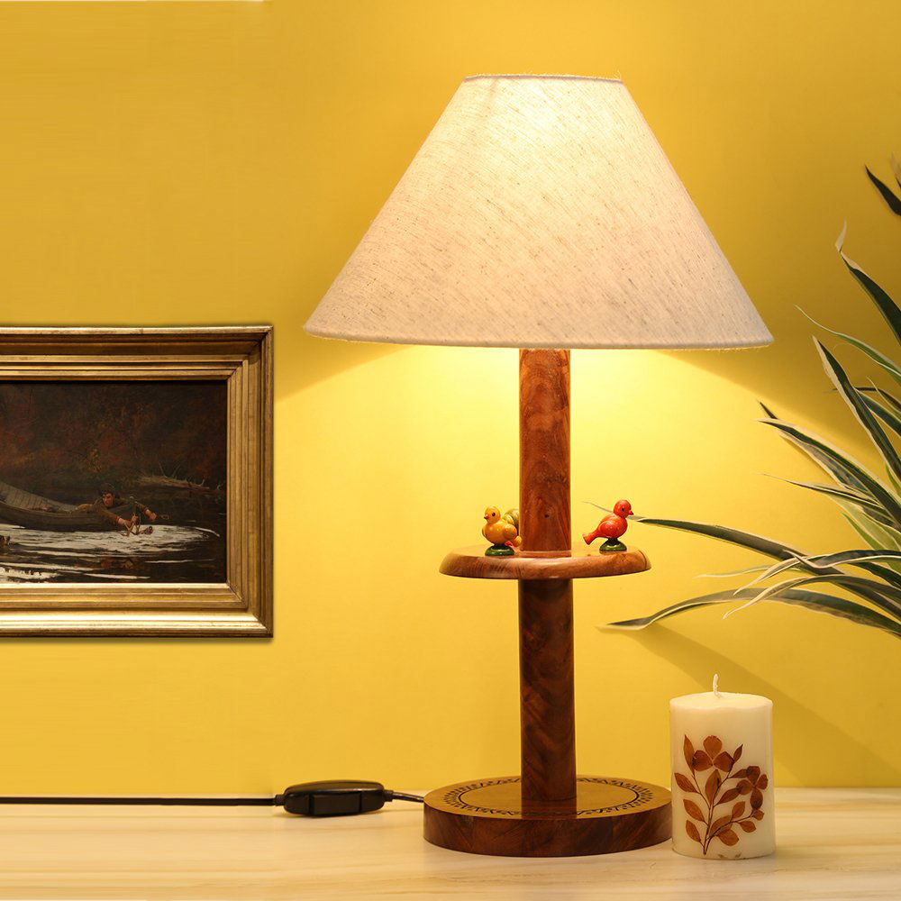 Elegant Round Engraved & Parrot Wooden Table Lamp In Sheesham Wood Item - ArtyCraftz.com