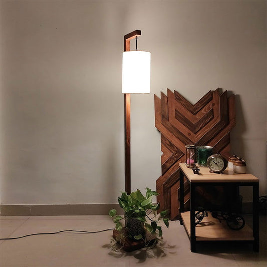 Elementary Wooden Floor Lamp with Brown Base and White Fabric Lampshade - ArtyCraftz.com