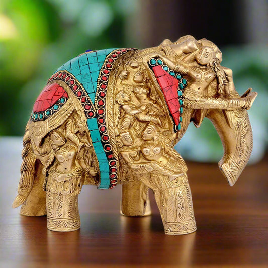 Embossed Ladies on Brass Elephant with Inlay Work Showpiece- ArtyCraftz.com