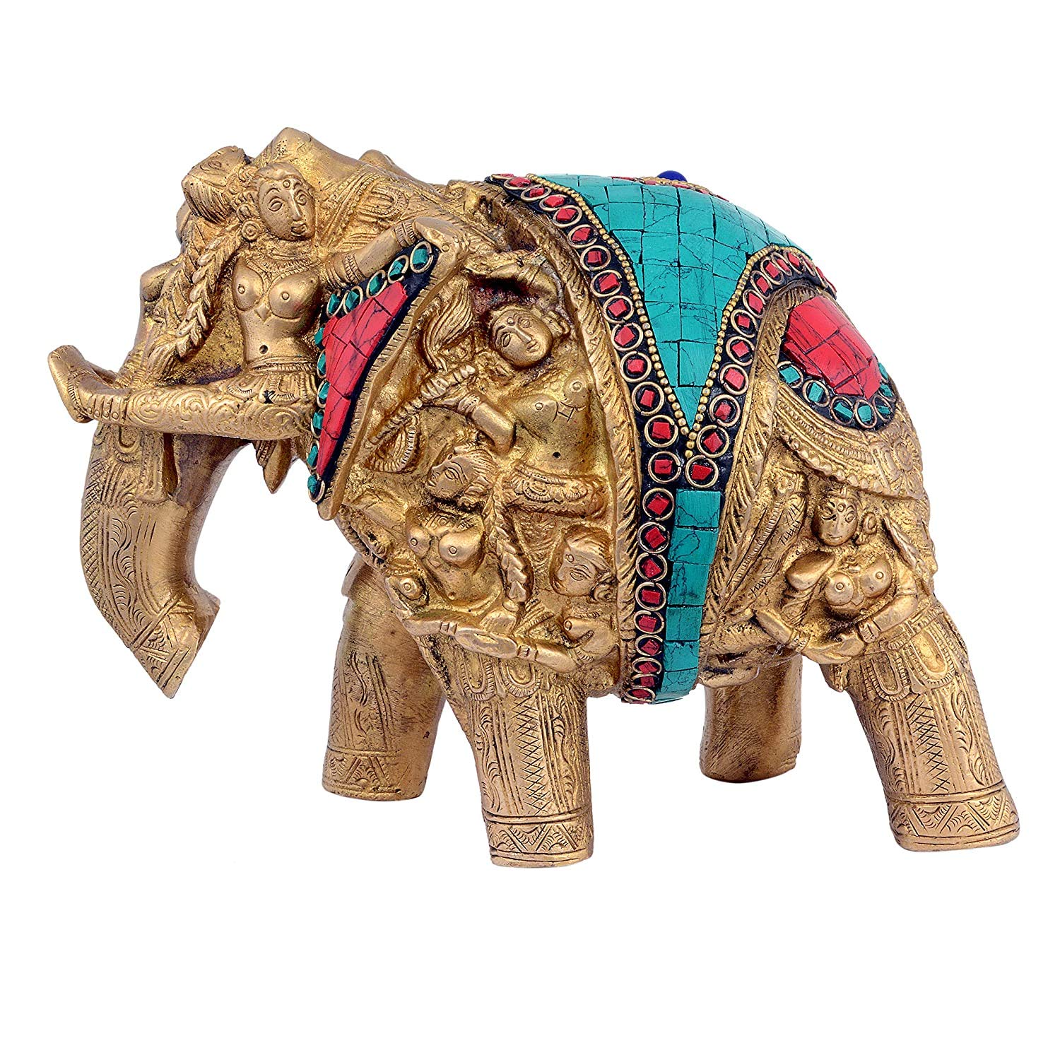 Embossed Ladies on Brass Elephant with Inlay Work Showpiece-ArtyCraftz.com