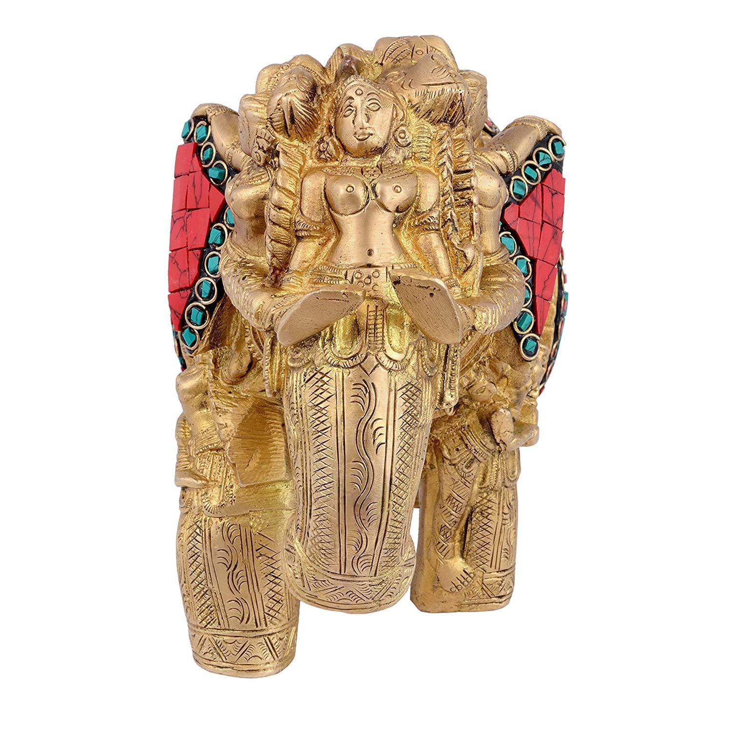 Embossed Ladies on Brass Elephant with Inlay Work Showpiece-ArtyCraftz.com