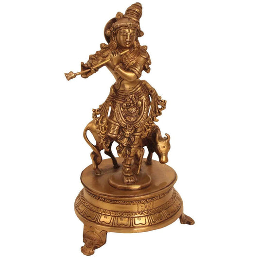 Enchanting Brass Krishna & Cow Statue-ArtyCraftz.com