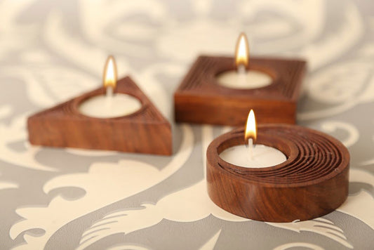 Engraved Beautiful Set Of 3 Table Wooden Tealight Holder - ArtyCraftz.com