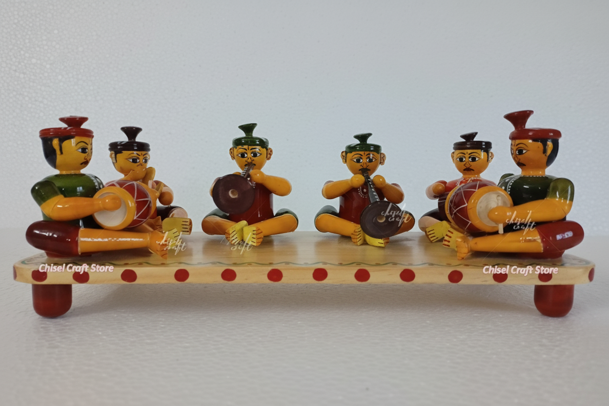 Etikopaka GI Tagged Wooden Folk Band Set - Natural Dye Lacware Musician Figurines Andhra Pradesh