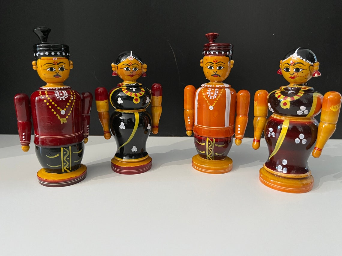 Etikopaka Handpainted Wooden Couple Dolls 4 Inch - Traditional Telugu Figurines Set of 2-ArtyCraftz.com