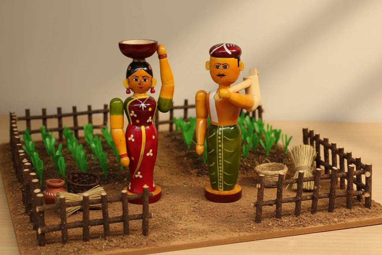 Etikopaka Handpainted Wooden Farmer Couple Dolls - Woman with Pot and Man with Plough Andhra Craft-ArtyCraftz.com