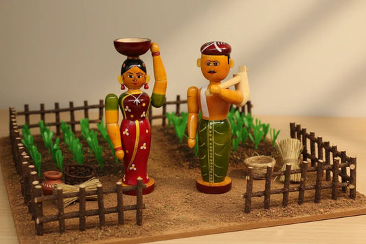 Etikopaka Handpainted Wooden Farmer Couple Dolls - Woman with Pot and Man with Plough Andhra Craft-ArtyCraftz.com