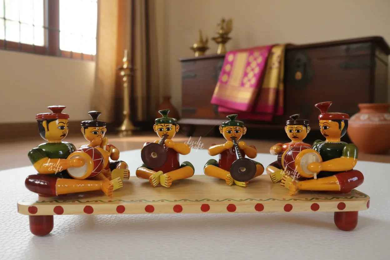 Etikopaka Handpainted Wooden Musicians Set Traditional Folk Band Figurines on Chowki 13 x 5.5 x 5 Inch