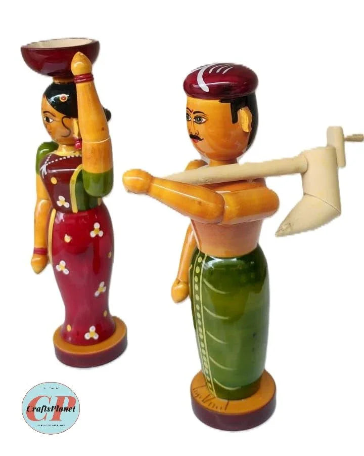 Etikopaka Wooden Dolls Woman Carrying Pot Man with Plough - Handpainted Indian Village Life Showpiece-ArtyCraftz.com