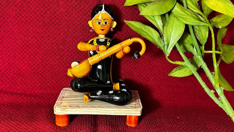 Etikoppaka Lady with Veena Wooden Showpiece-ArtyCraftz.com