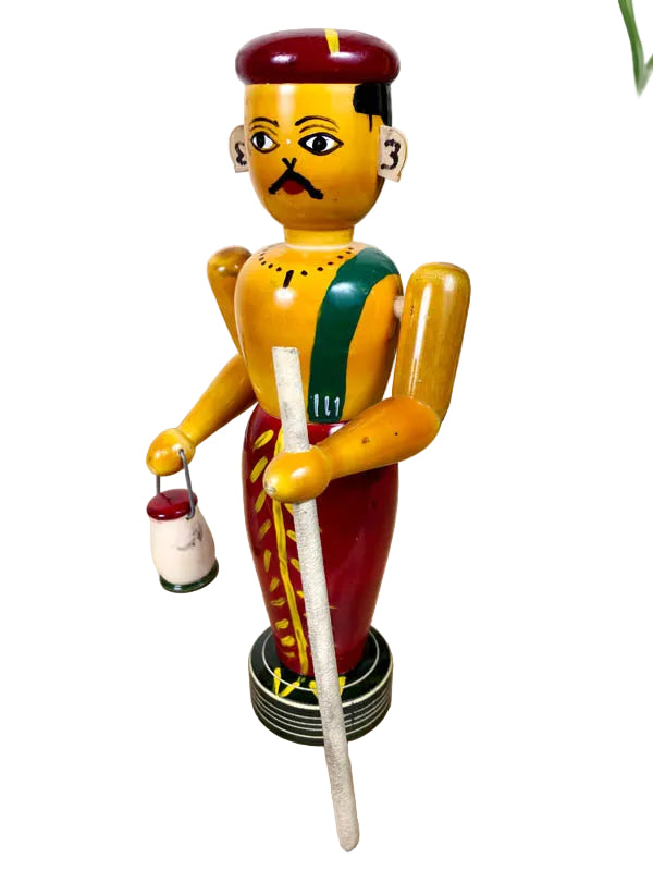 Etikoppaka wooden farmer figurine holding a lamp and walking stick, traditional Indian folk art-artycratz.com