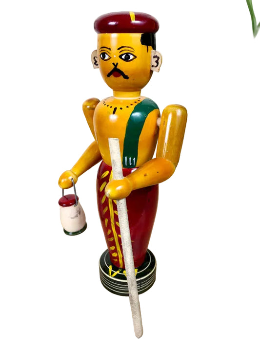 Etikoppaka wooden farmer figurine holding a lamp and walking stick, traditional Indian folk art-artycratz.com