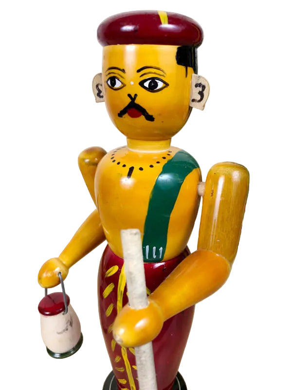 Etikoppaka wooden farmer figurine holding a lamp and walking stick, traditional Indian folk art-artycratz.com
