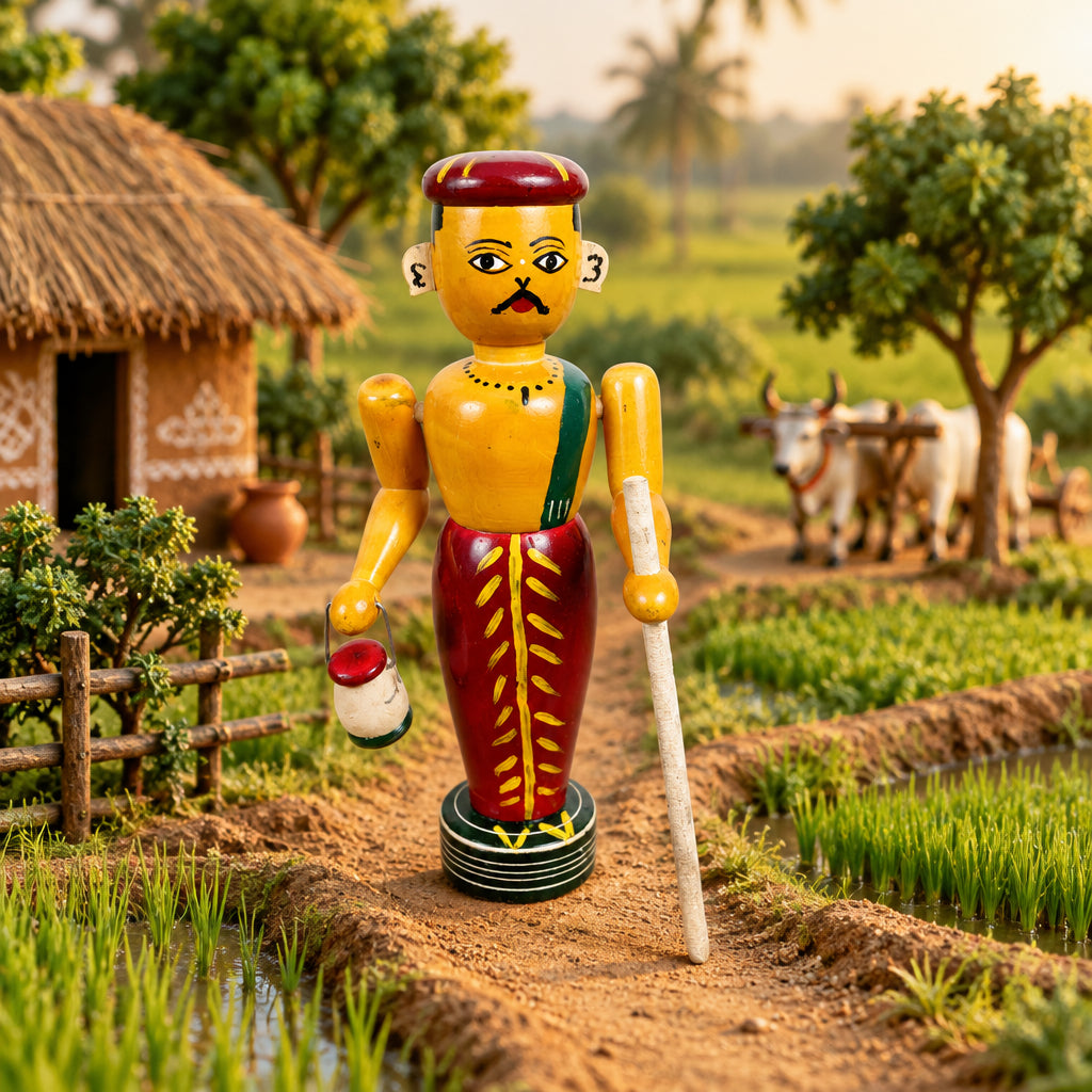Etikoppaka wooden farmer figurine holding a lamp and walking stick, traditional Indian folk art-artycratz.com
