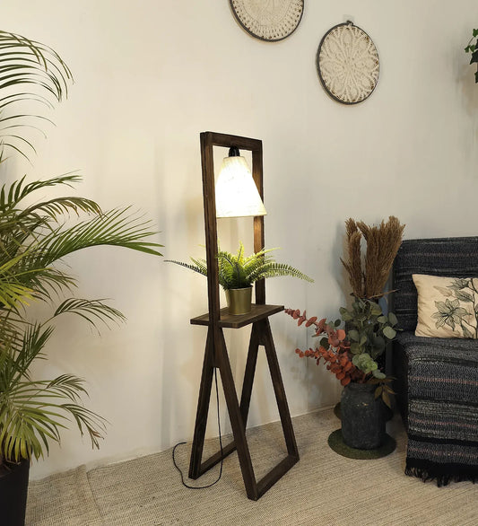 Euphoria Wooden Floor Lamp with Brown Base and Beige Fabric Lampshade - ArtyCraftz.com