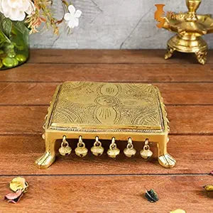 Exquisite 4-Petal Engraved Brass Chowki with Bells-ArtyCraftz.com