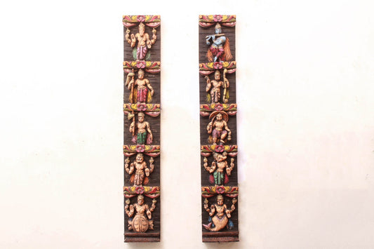 Exquisite Hand-Carved Depiction of Vishnu's Dasavathara Vertical Wall Panel-ArtyCraftz.com
