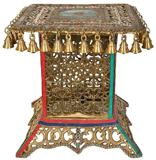 Exquisite Turquoise Coral Beaded Brass Corner Table with Hanging Bells