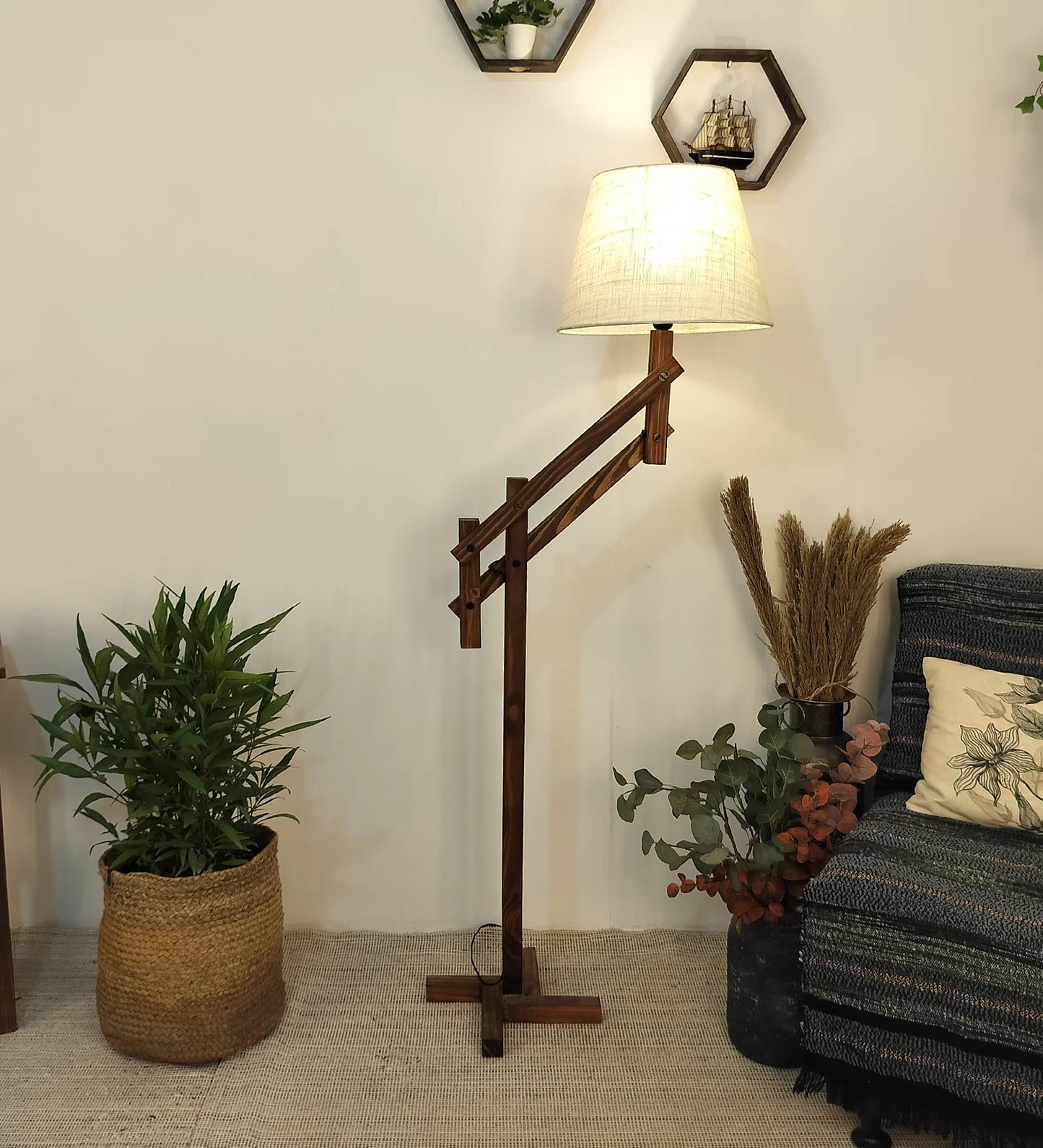 Flamingo Wooden Floor Lamp with Brown Base and Beige Fabric Lampshade - ArtyCraftz.com