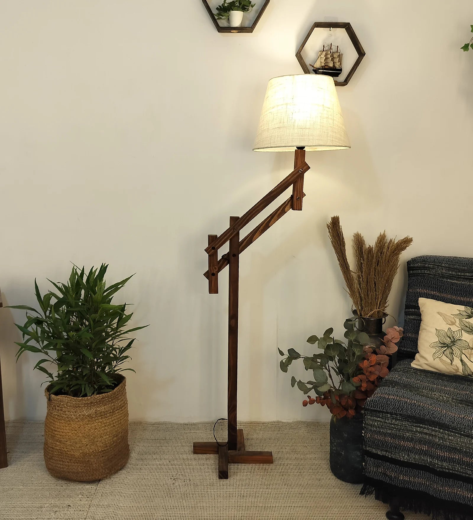 Flamingo Wooden Floor Lamp with Brown Base and Beige Fabric Lampshade - ArtyCraftz.com