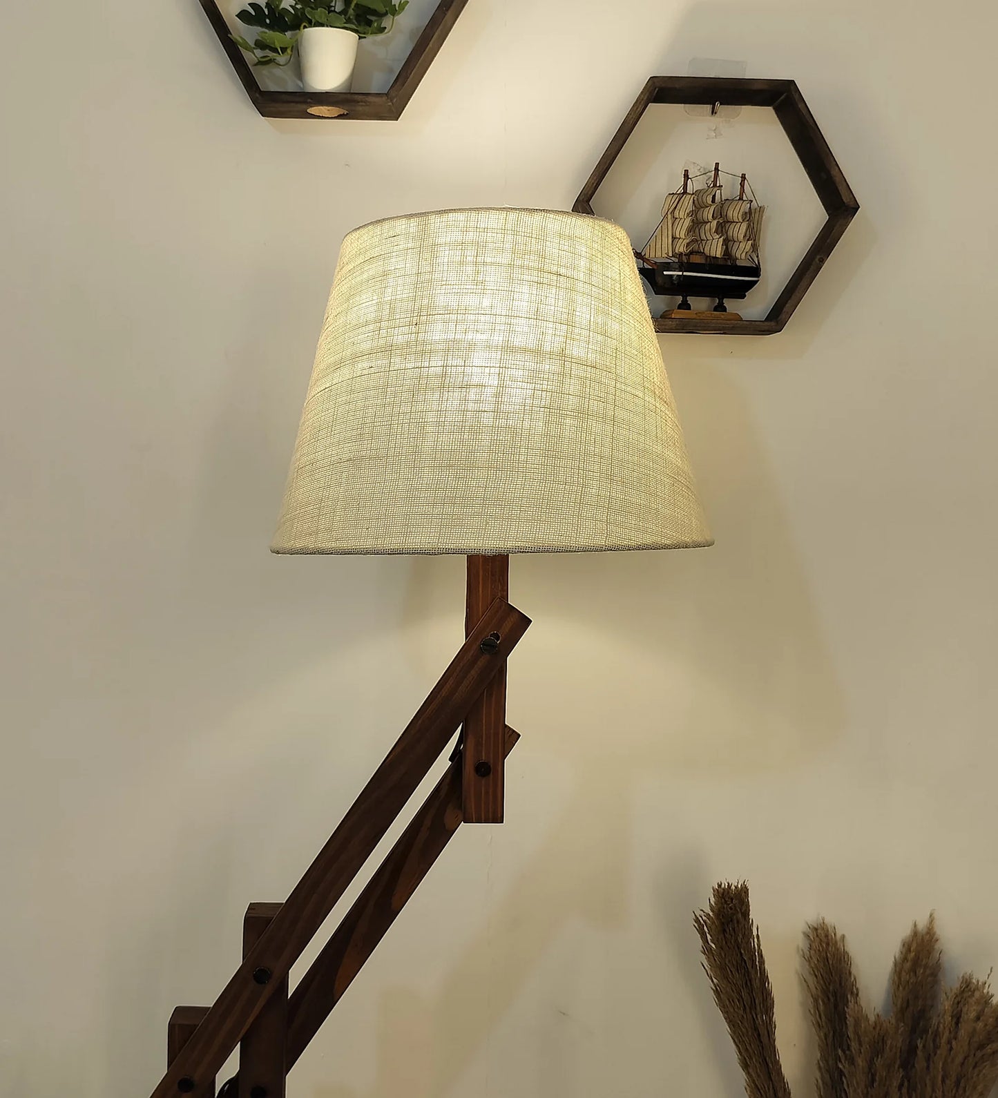 Flamingo Wooden Floor Lamp with Brown Base and Beige Fabric Lampshade - ArtyCraftz.com