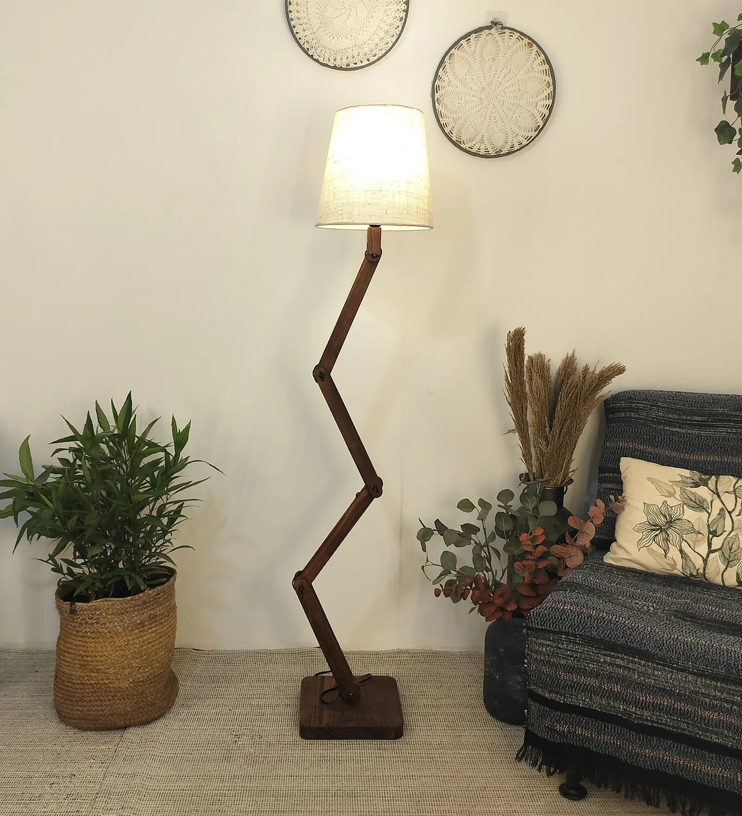 Flex Wooden Floor Lamp with Brown Base and Beige Fabric Lampshade - ArtyCraftz.com