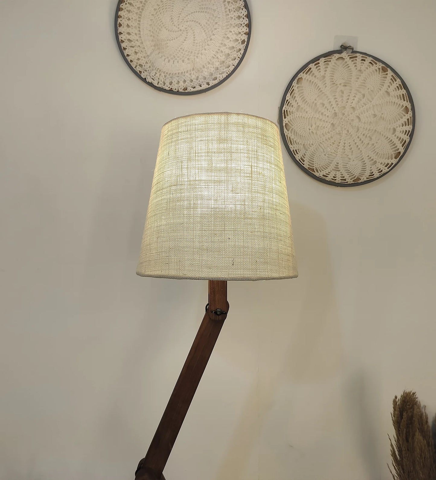 Flex Wooden Floor Lamp with Brown Base and Beige Fabric Lampshade - ArtyCraftz.com