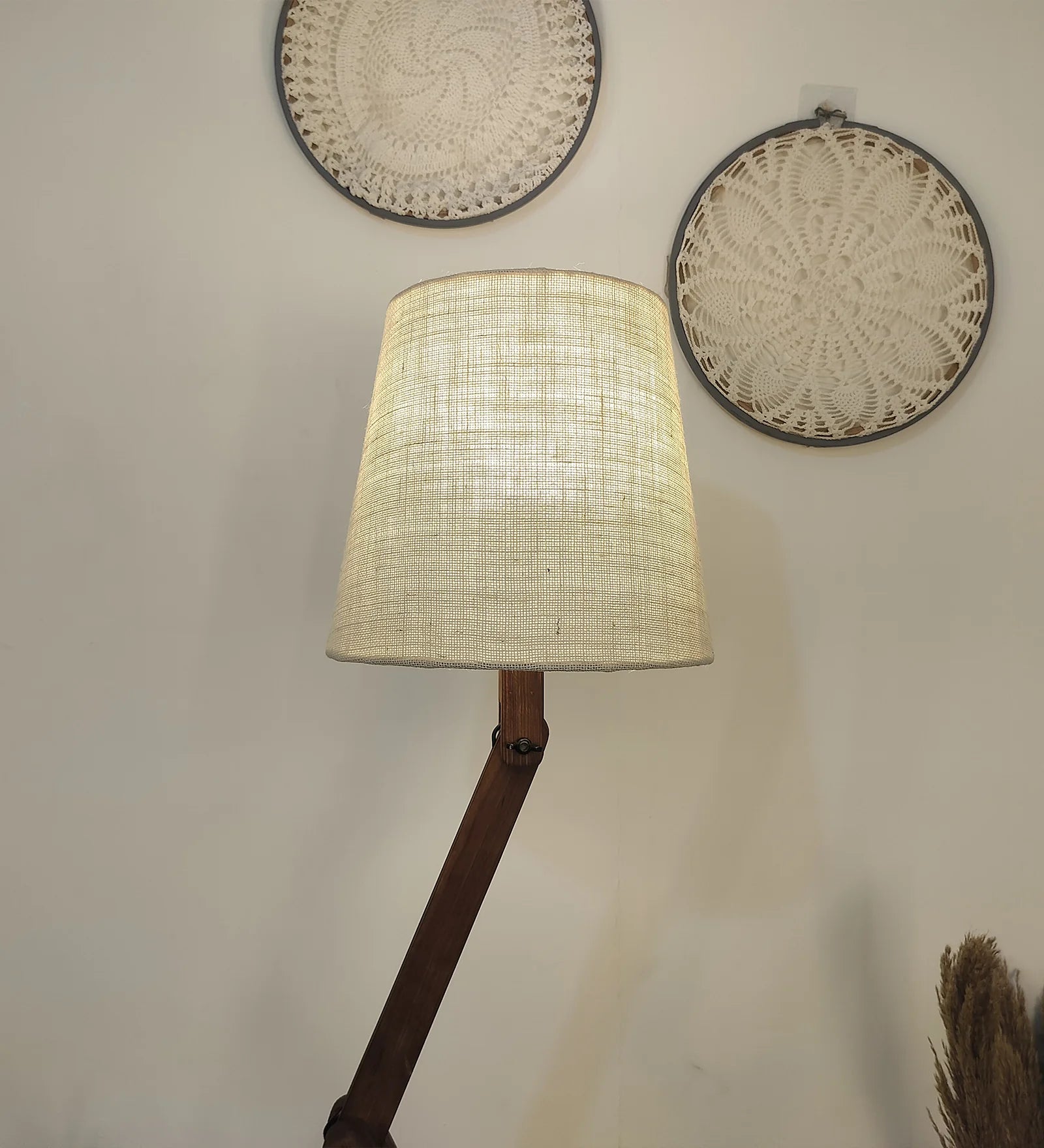Flex Wooden Floor Lamp with Brown Base and Beige Fabric Lampshade - ArtyCraftz.com