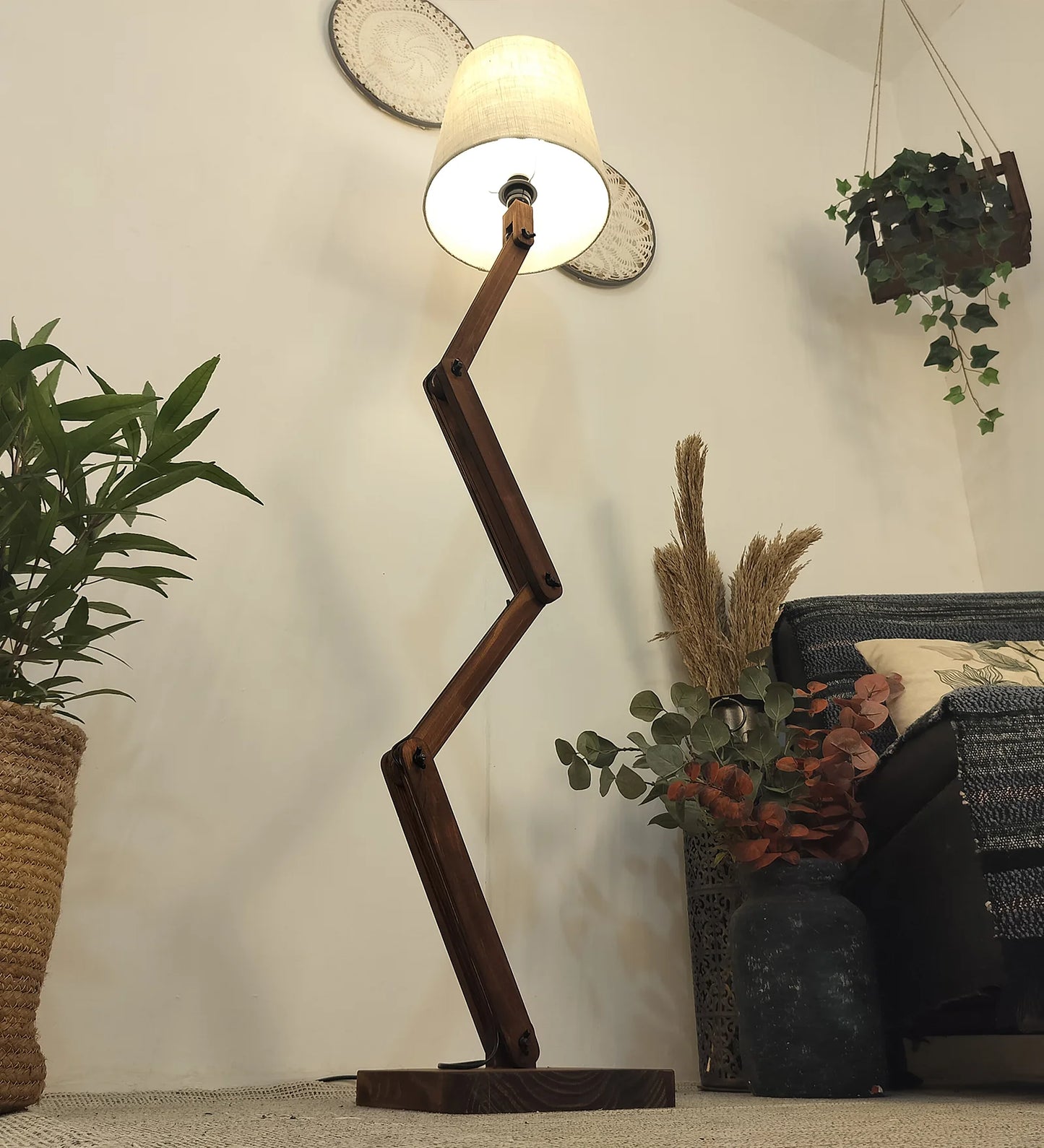 Flex Wooden Floor Lamp with Brown Base and Beige Fabric Lampshade - ArtyCraftz.com