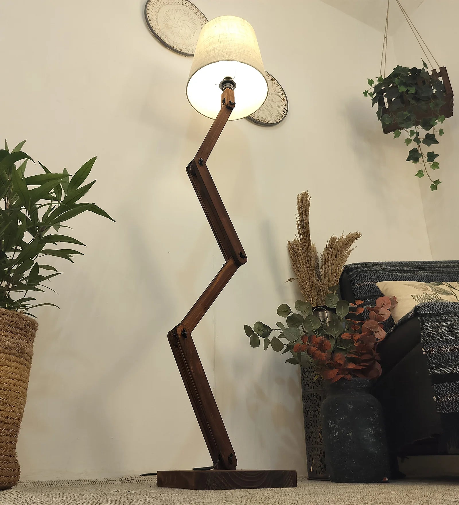 Flex Wooden Floor Lamp with Brown Base and Beige Fabric Lampshade - ArtyCraftz.com