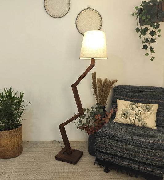 Flex Wooden Floor Lamp with Brown Base and Beige Fabric Lampshade - ArtyCraftz.com
