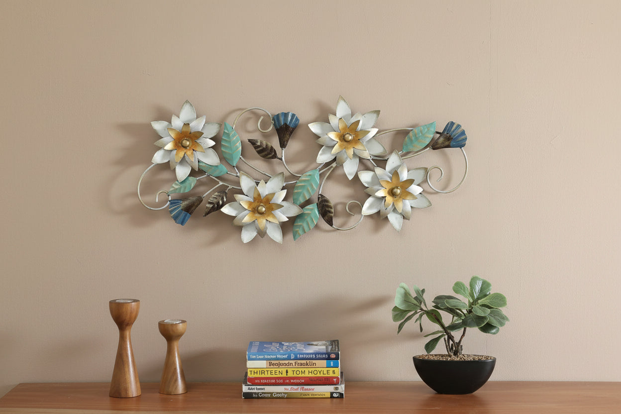 Floral metal wall art with white and gold flowers, turquoise leaves and decorative curling stems-ArtyCraftz.com