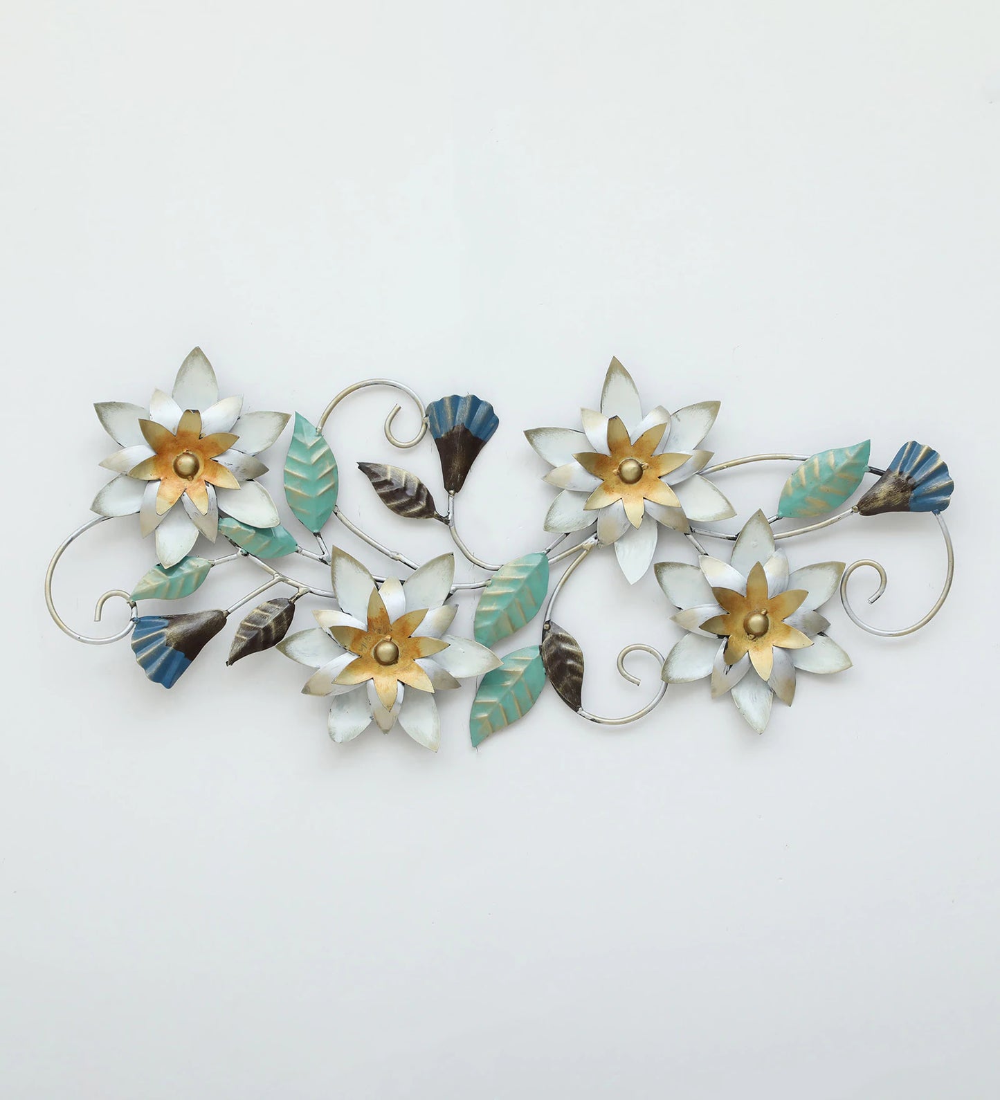Floral metal wall art with white and gold flowers, turquoise leaves and decorative curling stems-ArtyCraftz.com