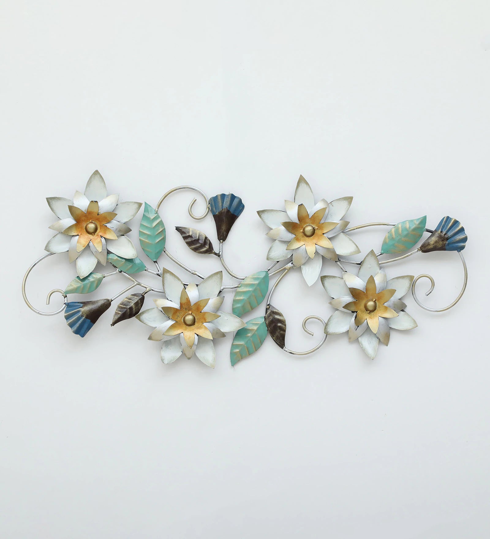 Floral metal wall art with white and gold flowers, turquoise leaves and decorative curling stems-ArtyCraftz.com