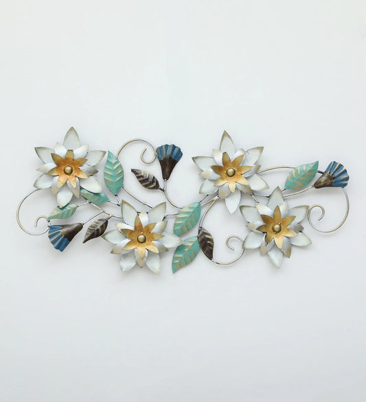 Floral metal wall art with white and gold flowers, turquoise leaves and decorative curling stems-ArtyCraftz.com